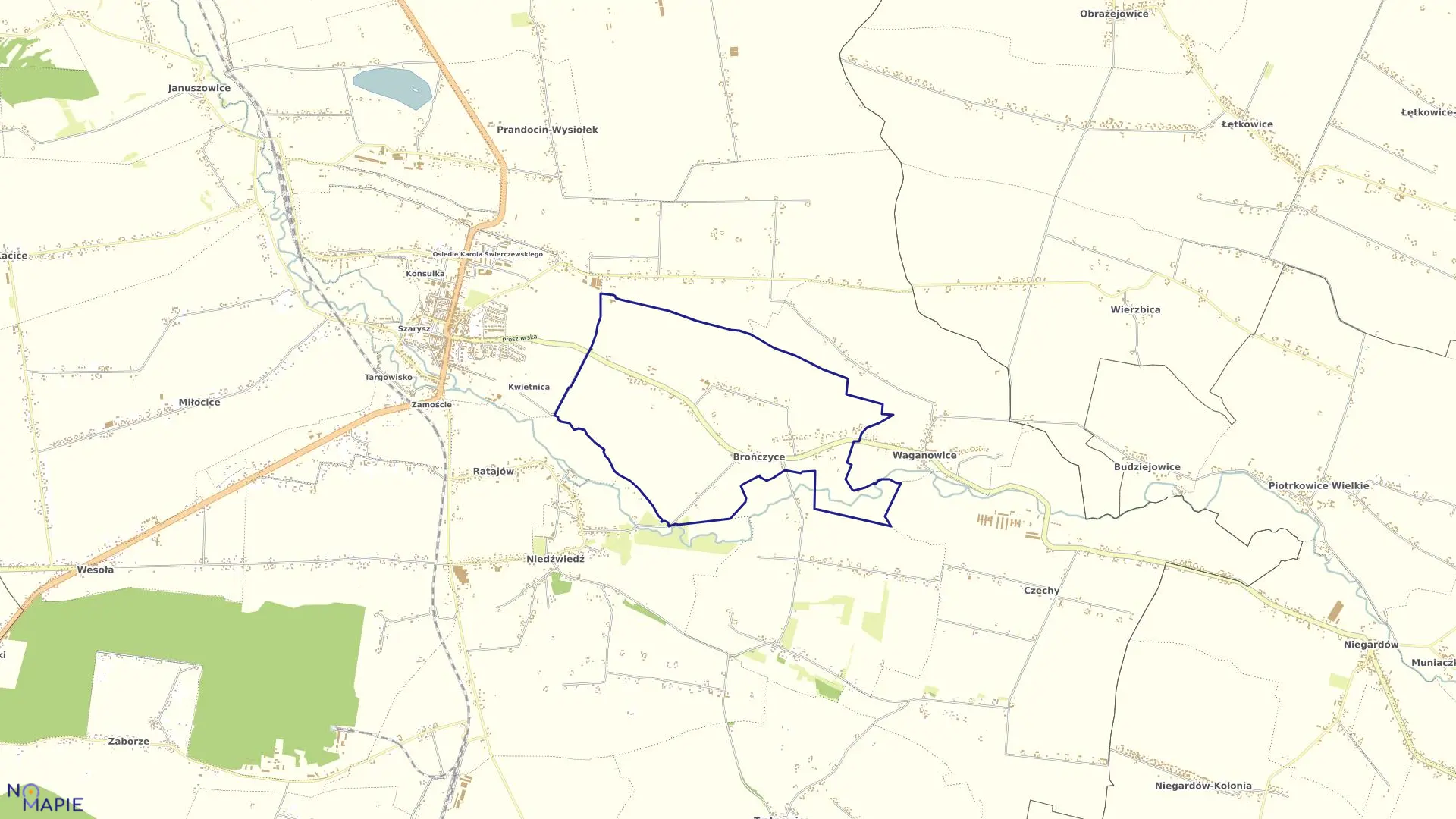 Mapa obrębu Brończyce w gminie Słomniki