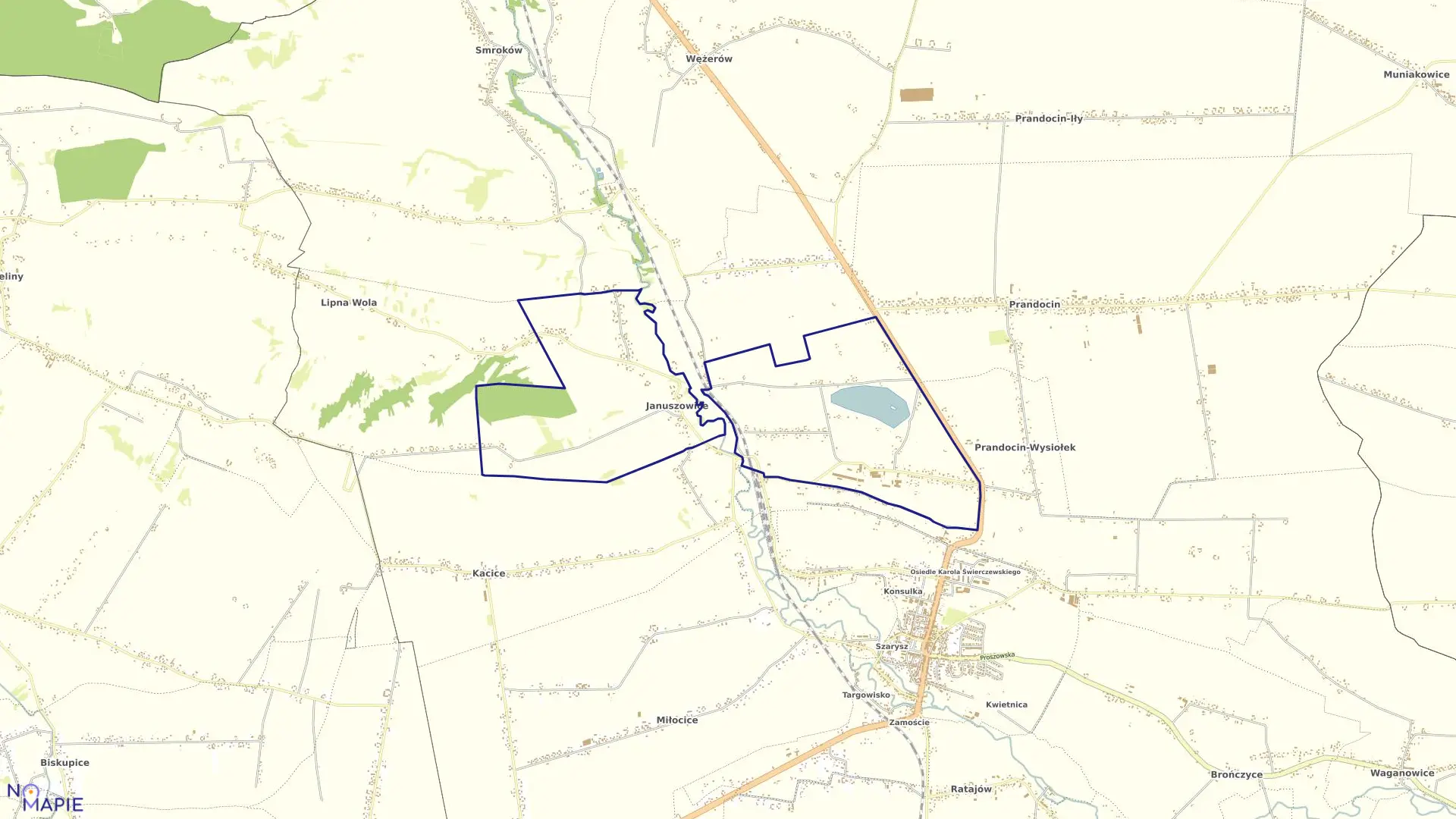 Mapa obrębu Januszowice w gminie Słomniki