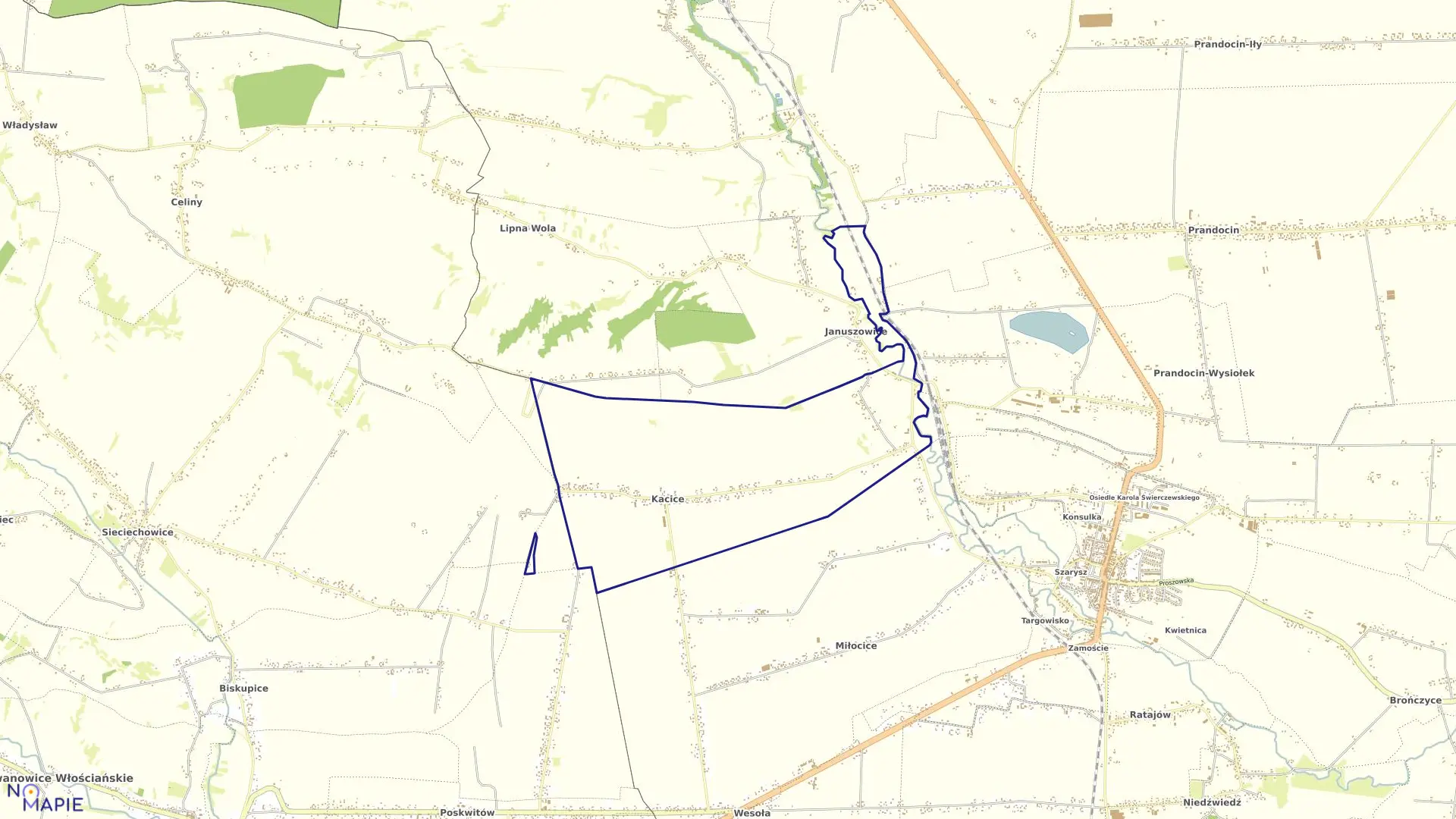 Mapa obrębu Kacice w gminie Słomniki