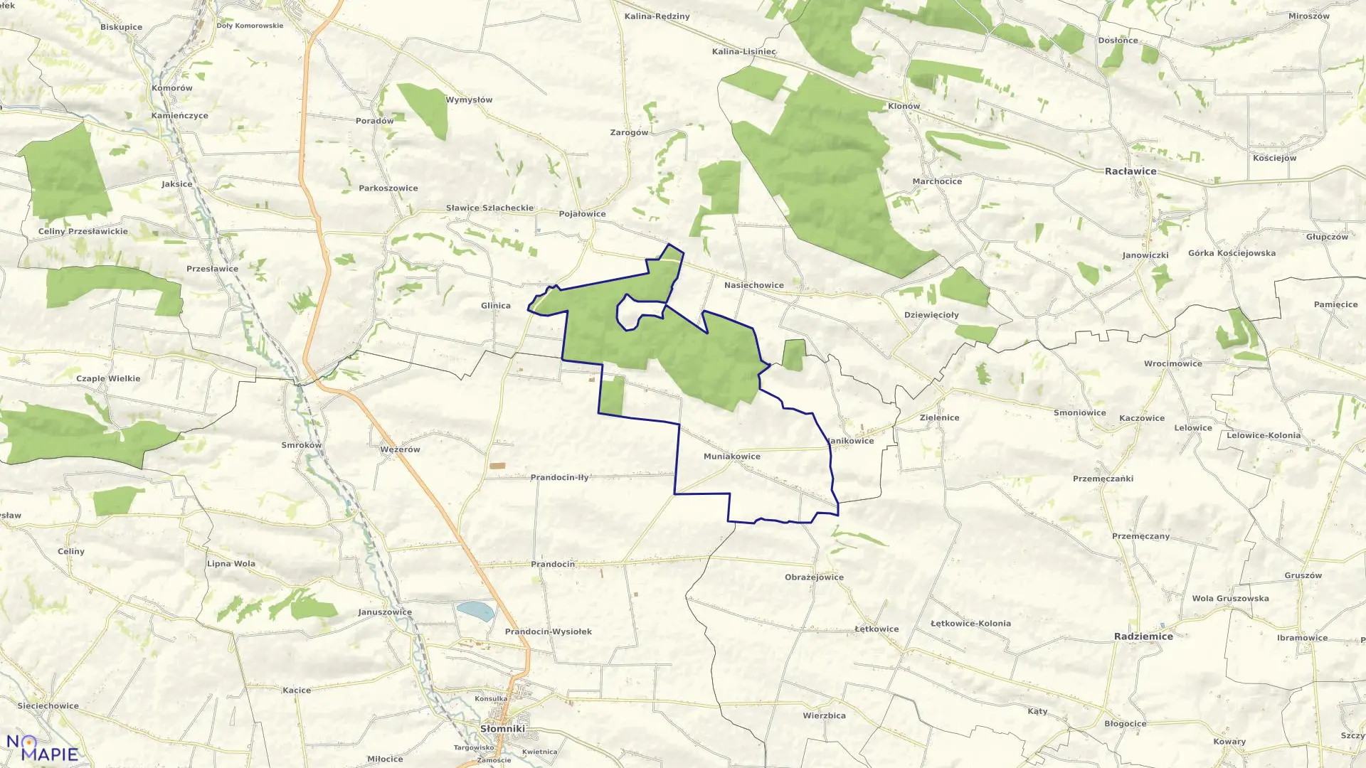 Mapa obrębu Muniakowice w gminie Słomniki