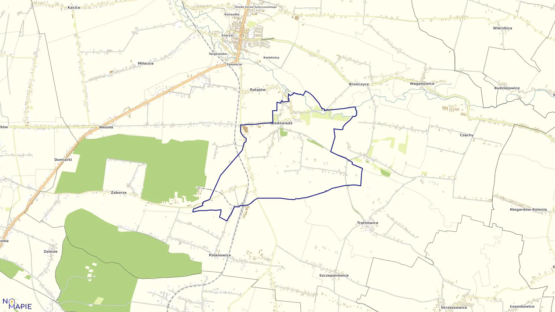 Mapa obrębu Niedźwiedź w gminie Słomniki