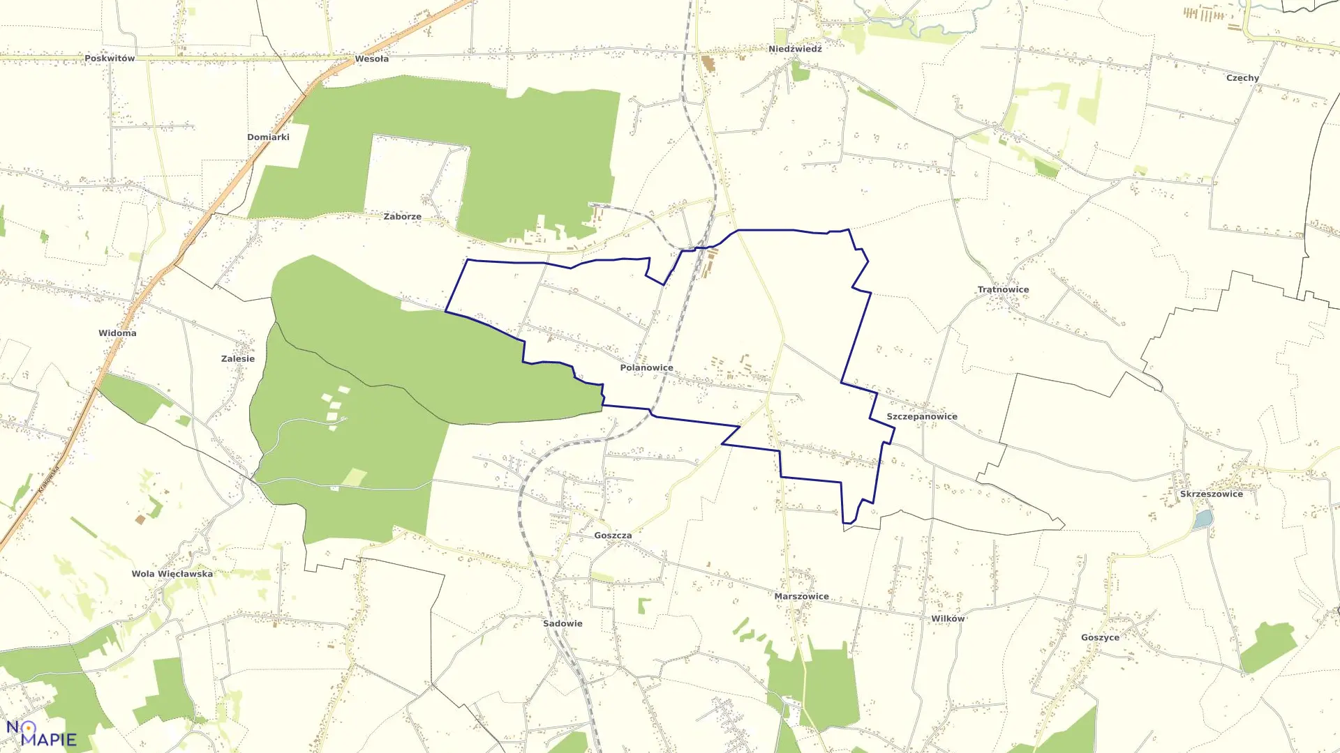 Mapa obrębu Polanowice w gminie Słomniki