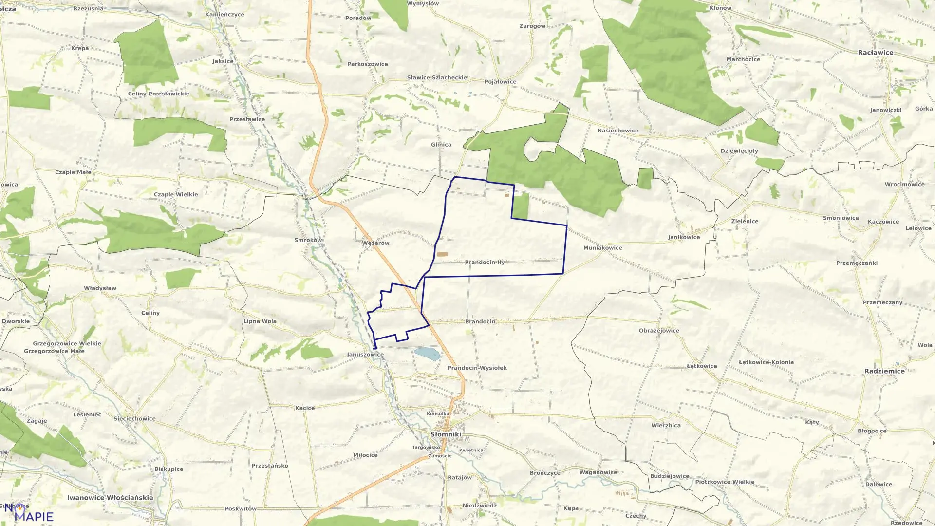 Mapa obrębu Prandocin Iły w gminie Słomniki